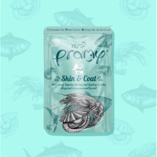 Pramy - 功能性貓濕包 啫喱系列 高級白肉吞拿魚+蝦肉+扇貝 (成貓) 健膚美毛 70克