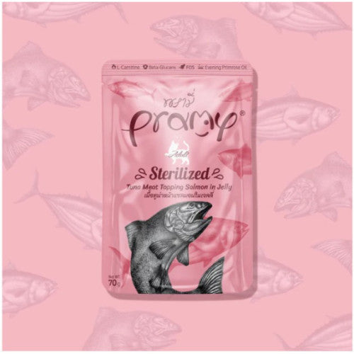 Pramy - 功能性貓濕包 啫喱系列 高級白肉吞拿魚+三文魚 (成貓) 絕育配方 70克